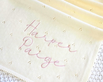 Knit Cotton Blanket for Baby Personalized Gift Newborn Homecoming Swaddle with Name Pointelle Blanket Custom