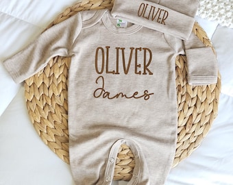 Embroidery Baby First Outfit for Coming Home Baby Set Baby Boy Onesie and Hat with Name Brown Baby Sleeper