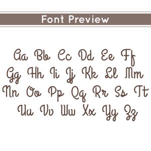 Puede incluir: Una vista previa de fuente que muestra el alfabeto en cursiva. Las letras son de color marr&oacute;n oscuro y est&aacute;n dispuestas en filas. El texto "Font Preview" est&aacute; en la parte superior.