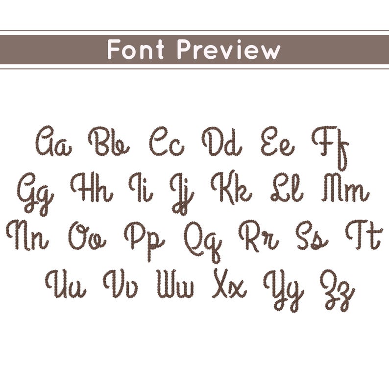 Puede incluir: Una vista previa de fuente que muestra el alfabeto en cursiva. Las letras son de color marr&oacute;n oscuro y est&aacute;n dispuestas en filas. El texto "Font Preview" est&aacute; en la parte superior.