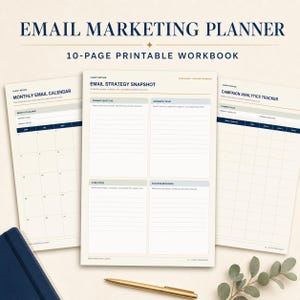 May include: A 10-page printable email marketing planner workbook featuring a monthly email calendar, an email strategy snapshot, and a campaign analytics tracker. The pages are cream-colored with dark blue text and headers, organized into grids.