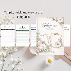 Puede incluir: Un conjunto de plantillas de seguimiento de delegación. La imagen principal muestra un cuaderno titulado "Delegation Tracker" con decoraciones florales. Otras plantillas incluyen "Delegation Tracker" y "Delegation Log". El texto "Simple, quick and easy to use templates" también es visible.