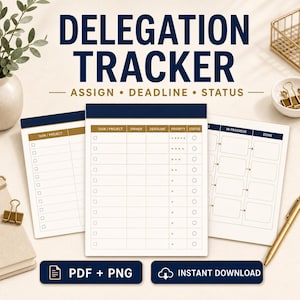Peut inclure: Un document de suivi de délégation avec le texte DELEGATION TRACKER ASSIGN DEADLINE STATUS. Il comporte des colonnes pour les tâches, projets, responsables, échéances, priorités et statuts avec des cases à cocher. Texte PDF + PNG inclus.