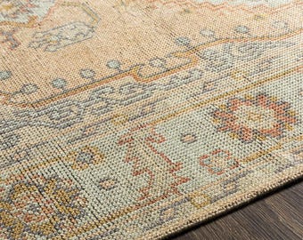 Peach Oushak Rug: Hand knotted Wool Vintage Turkish Area Carpet