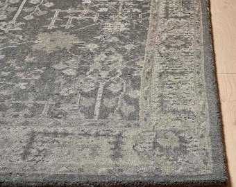 Hand knotted Distressed Vintage Grey Wool Rug: Handmade Area Rug