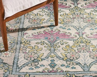 Hand knotted pink Oushak Floral Rug: Vintage Traditional Area Rug