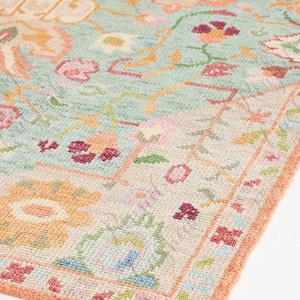 Hand knotted Pastal Garden Oushak Rug: Turkish Vintage Floral Rug image 1
