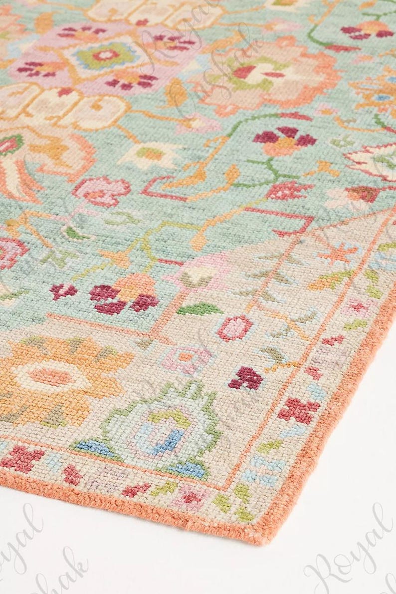Hand knotted Pastal Garden Oushak Rug: Turkish Vintage Floral Rug image 1