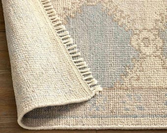 Ivory Blue Geometric Oushak Rug: Hand knotted Wool Area Rug