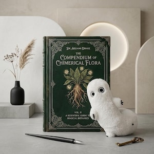 Pode incluir: Um livro de capa dura verde-escuro intitulado The Compendium of Chimerical Flora pela Dra. Aeliana Drake, com uma ilustração de planta. Ao lado, há uma criatura de pelúcia branca, uma caneta-tinteiro preta e uma pequena chave de latão.