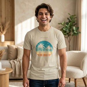 Oeko Tex |Tropical Palm Trees | Sunset | life is a beach T-Shirt | Beach Vibes