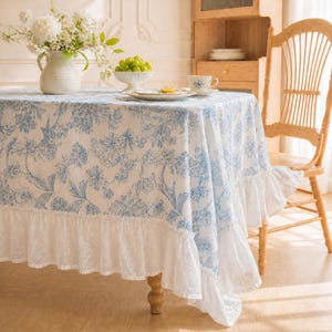 Cotton Tablecloth, Blue Floral Lace Table Cover, Rectangular Ruffle Tablecloth, Cottagecore Dining Decor, Housewarming Gift, Wedding Gift