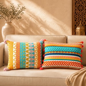 Moroccan Embroidered Pillow Cover, Colorful Boho Cushion Case, Tribal Lumbar Decor, Sofa Bedroom Accent, Single or set of 2, 35x45 cm
