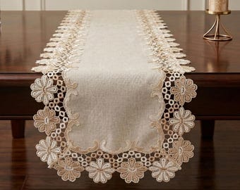 Runner da tavola in lino, pizzo floreale, bordo traforato, decorazione per tavolo da pranzo avorio beige, matrimonio in stile rustico, cottagecore, idea regalo per inaugurazione della casa