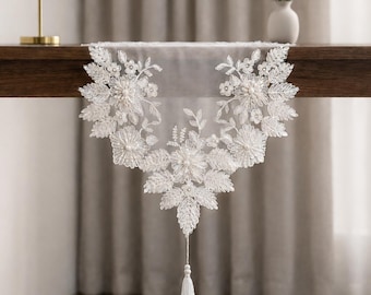 Beaded Floral Table Runner, White Cream Lace Decor, Luxury Dining Centerpiece, Elegant Wedding Gift, Pearl Accent, Neutral Home Style