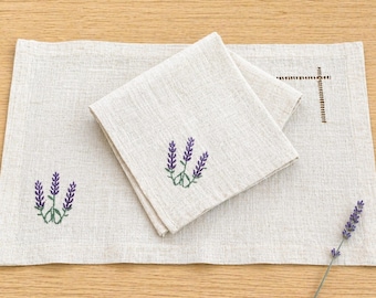 Napkin Placemat Set, Lavender Embroidered Linen Table Decor, Farmhouse Tablescape, French Country Dining, Housewarming Gift, Spring Accent