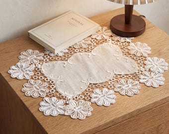 White and Cream Lace Placemat, Floral Embroidered Doily, 30x45 cm Table Runner, Cottagecore Wedding Gift, Entryway Vanity Decor