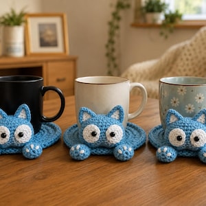 May include: Three mugs rest on a wooden table, each atop a blue crocheted cat coaster. The coasters feature white eyes, ears, and paws. A black mug, a cream-colored mug, and a floral-patterned mug are visible.