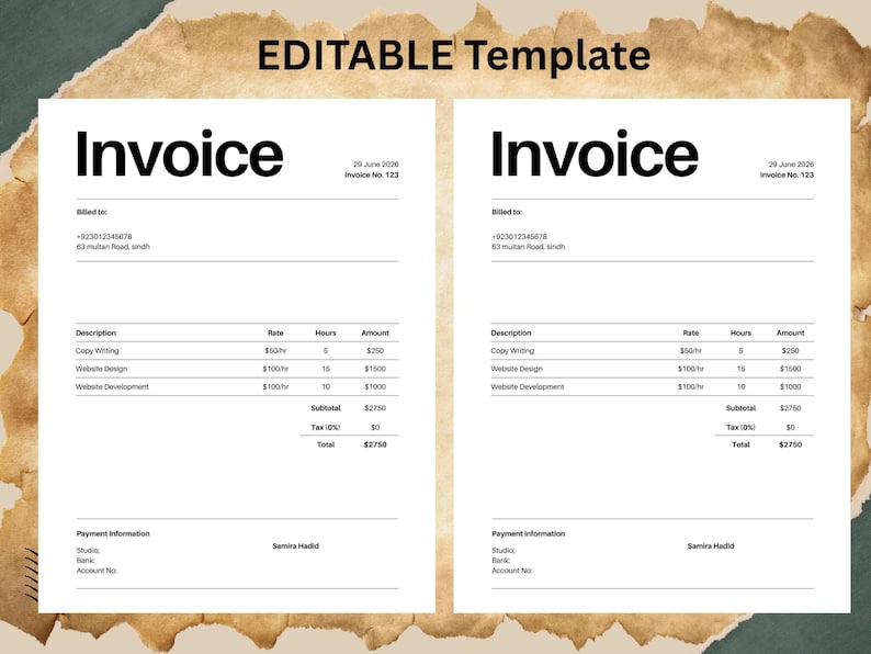 Minimalist Invoice Template for Excel & Google Sheets, Editable Billing ...