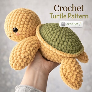 May include: A crocheted turtle in shades of yellow and green. The turtle has a textured, rounded body, a green shell, and a smiling face with black eyes. The text "Crochet Turtle Pattern" is displayed above the turtle.