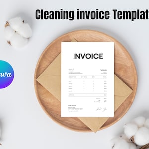 May include: A white invoice template with the text "Cleaning invoice Template" is displayed on a wooden plate with a brown envelope. The word "INVOICE" is at the top of the document. Cotton buds and a Canva logo are also visible.