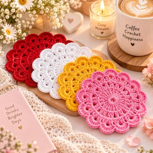 Patrón de ganchillo para posavasos de flores en PDF, posavasos floral con borde festoneado, tapete de algodón para tazas, decoración de mesa para principiantes, tutorial fácil de hacer tú mismo, descarga instantánea.