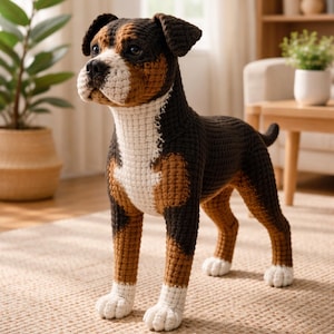 May include: A crocheted dog figurine in shades of brown, black, and white, standing on a beige rug. The dog has a detailed design, with the text "PDF Pattern digital download" at the top.