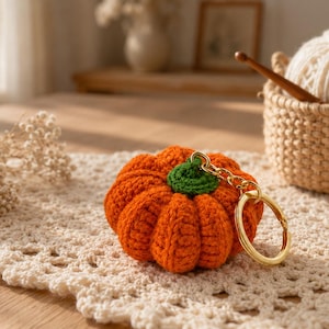 May include: A small, round, orange crocheted pumpkin keychain with a green stem and a gold-toned metal keyring attached. The pumpkin features a ribbed texture created by the yarn stitches, providing a soft, rounded appearance for this accessory.