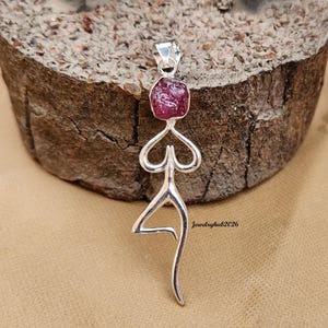 Raw Pink Ruby Yoga Pose Pendant, 925 Sterling Silver, Boho Crystal Healing Jewelry