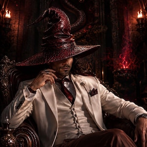Könnte beinhalten: Eine Person trägt einen dunkelroten, spitz zulaufenden Hut mit Schlangenledertextur, einen cremefarbenen Blazer, eine passende Weste, ein weißes Hemd und eine dunkelrote Krawatte mit Muster. Das Outfit umfasst ein Einstecktuch und eine Anstecknadel.