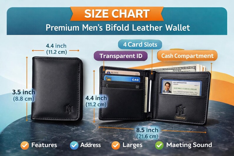 Full Grain Leather Bifold Wallet, Handmade Cowhide Slim Minimalist ...