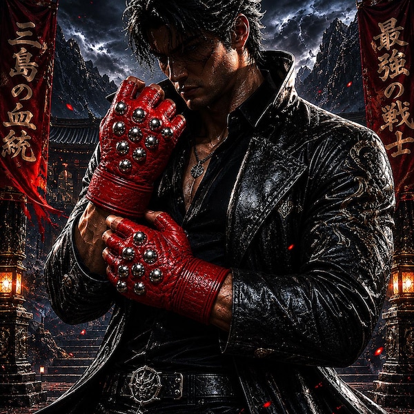 Kazuya inspirierte rote fingerlose Lederhandschuhe - Nietenkampf MMA Cosplay