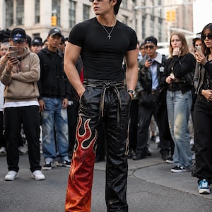 May include: A person wearing a black t-shirt, sunglasses, and black leather pants with a flame design in red and orange. The person is standing in a crowd of people on a city street.