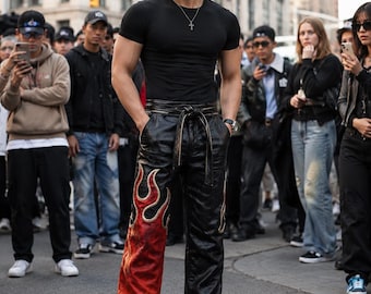 Full Grain Leather Flame Pants | Gothic Biker Streetwear Trousers | Y2K Fashion