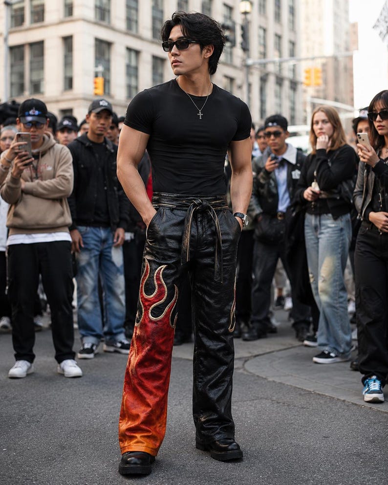 May include: A person wearing a black t-shirt, sunglasses, and black leather pants with a flame design in red and orange. The person is standing in a crowd of people on a city street.