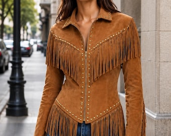 Ręcznie robiona brązowa kurtka zamszowa z frędzlami, w stylu western kowbojskim, płaszcz boho z ćwiekami