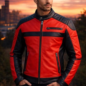 Men's Red Black Sheepskin Leather Moto Jacket – Slim Fit Streetwear Coat
