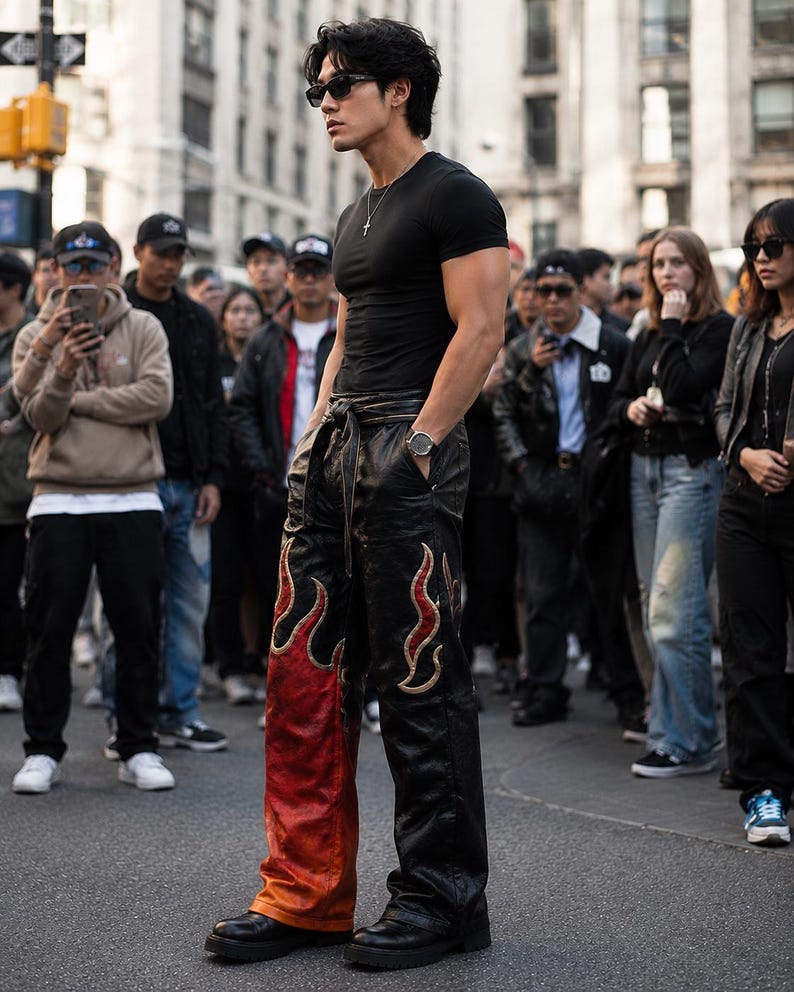 May include: A person wearing a black t-shirt, sunglasses, and black leather pants with flame designs in red and gold. The person is wearing a watch and a silver necklace. The background shows a crowd of people.