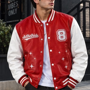 Red & White Leather Varsity Jacket, Full-Grain Cowhide, Letterman Style (Aethelhide)