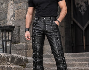 Men's Full-Grain Cowhide Lace-Up Pants, Gothic Biker Style, Punk Rock Trousers
