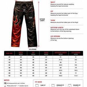 May include: Black leather pants with a flame design in red and orange. The image includes a size chart with waist, hip, thigh, outseam length, and leg opening measurements in inches. The text reads "FLAME LEATHER PANTS".