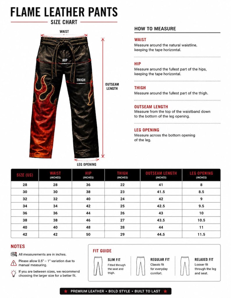 May include: Black leather pants with a flame design in red and orange. The image includes a size chart with waist, hip, thigh, outseam length, and leg opening measurements in inches. The text reads "FLAME LEATHER PANTS".