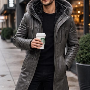 Herren Grau Schaffell Leder Kapuze Langer Mantel | Nappa-Finish, gefütterte Winterjacke