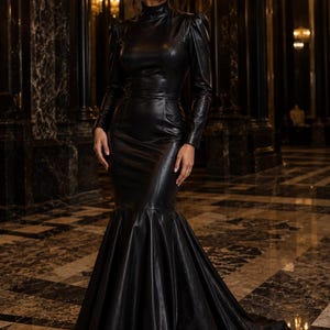etsy leather dress Brown Vegan Leather Kimono Dress Funnel Neck Midi Pleather Attire Casual  Outfit Women Blouson Style Dress Midi High Neck Modern Avant Garde