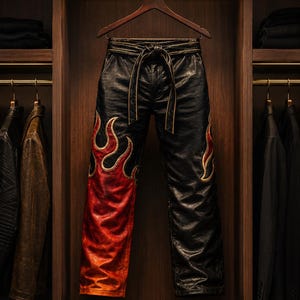 May include: Black leather pants with a flame design in red and orange, accented with gold stitching. The pants have a tie belt and are hanging in a wooden closet with other garments.