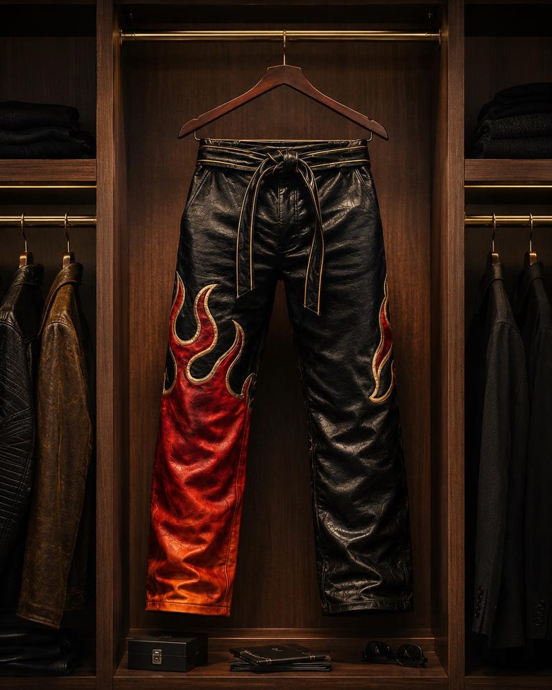 May include: Black leather pants with a flame design in red and orange, accented with gold stitching. The pants have a tie belt and are hanging in a wooden closet with other garments.