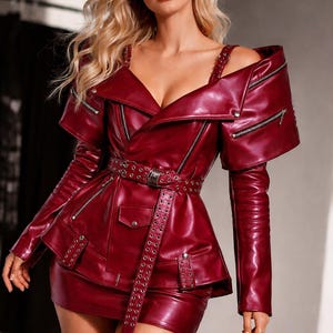 Red Lambskin Leather Off-Shoulder Biker Jacket with Studded Belt