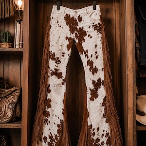 May include: White denim pants with a brown cowhide pattern and long brown fringe along the outer seams. The pants are hanging on a wooden hanger inside a wooden cabinet, showcasing a Western-inspired style.