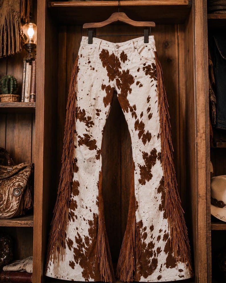 May include: White denim pants with a brown cowhide pattern and long brown fringe along the outer seams. The pants are hanging on a wooden hanger inside a wooden cabinet, showcasing a Western-inspired style.
