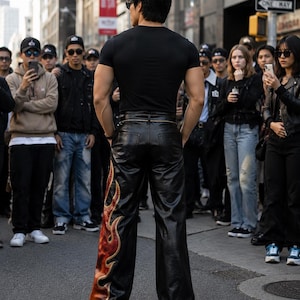 May include: A person wearing a black t-shirt and black leather pants with a flame design in red and gold. The person is standing in a crowd of people on a city street.